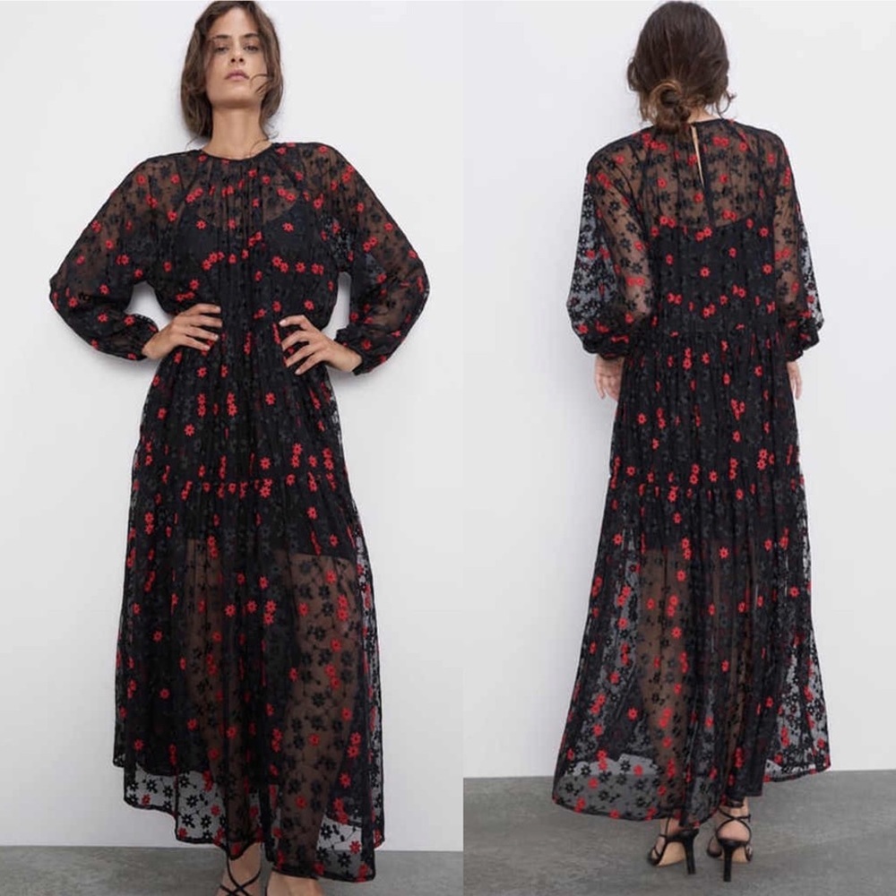 NEW Zara Black Floral Embroidered Maxi Dress Size XS